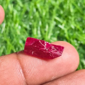 Può includere: Una gemma di rubino rosso scuro grezzo, tenuta tra le dita su uno sfondo di erba verde. Il rubino ha una superficie ruvida e strutturata e un colore ricco e saturo, che mostra la sua forma naturale. La gemma è di forma rettangolare piccola.
