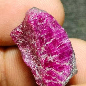May include: A raw, uncut ruby gemstone with a deep magenta hue. The surface displays natural textures and striations, with areas of lighter color and a slightly rough, uneven edge. The gemstone is held between fingers.