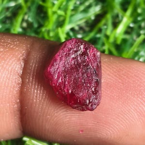 Könnte beinhalten: Ein rauer, ungeschliffener Rubin-Edelstein, tiefrot in der Farbe, wird zwischen Fingern gehalten. Der Rubin hat eine strukturierte Oberfläche mit sichtbaren Linien und Unvollkommenheiten. Der Hintergrund ist verschwommenes grünes Gras.