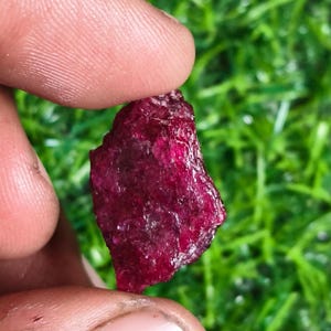 May include: A raw, unpolished ruby gemstone with a deep, saturated magenta-red colour. The stone features an irregular, jagged shape with a textured, crystalline surface that catches the light, displaying varying shades of dark red throughout its structure.
