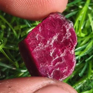 May include: A raw, unpolished ruby gemstone with a deep, saturated magenta-red colour. The stone features a natural, irregular shape with a textured, crystalline surface that displays varying levels of translucency and internal light reflection.