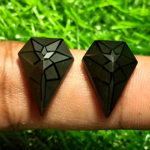 Op de afbeelding: Een paar zwarte, vliegervormige oorknopjes met een geometrisch, stervormig gegraveerd patroon op het oppervlak. De oorbellen hebben een gladde, matte afwerking en een puntige onderkant, wat een symmetrisch ontwerp met strakke lijnen laat zien.