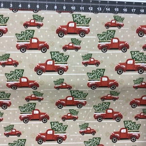 Fabric with Christmas Red Truck and Christmas Trees
