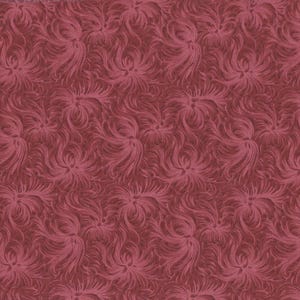 K&ouml;nnte beinhalten: Ein nahtloses Muster aus tiefrotem Stoff. Das Design zeigt ein sich wiederholendes Motiv aus stilisierten, wirbelnden, bl&uuml;ten- oder federartigen Formen. Die Textur scheint weich und m&ouml;glicherweise gewebt zu sein, wodurch ein reichhaltiges, taktiles Aussehen entsteht.