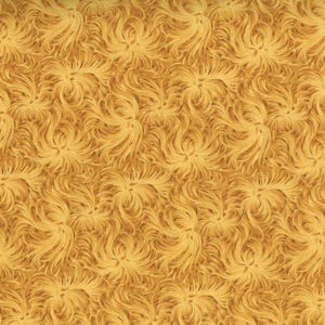K&ouml;nnte beinhalten: Ein sich wiederholendes Muster aus wirbelnden, federartigen Formen in Gold- und Gelbt&ouml;nen. Das Design hat ein strukturiertes Aussehen, wobei sich die Formen &uuml;berlappen, um ein dichtes, fl&auml;chendeckendes Muster zu erzeugen. Der Gesamteffekt ist warm und einladend.