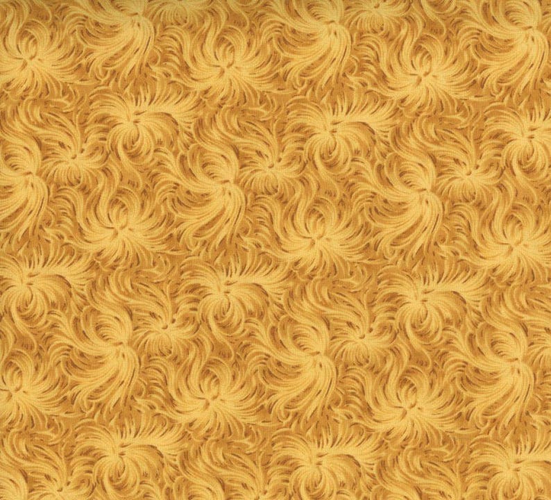K&ouml;nnte beinhalten: Ein sich wiederholendes Muster aus wirbelnden, federartigen Formen in Gold- und Gelbt&ouml;nen. Das Design hat ein strukturiertes Aussehen, wobei sich die Formen &uuml;berlappen, um ein dichtes, fl&auml;chendeckendes Muster zu erzeugen. Der Gesamteffekt ist warm und einladend.