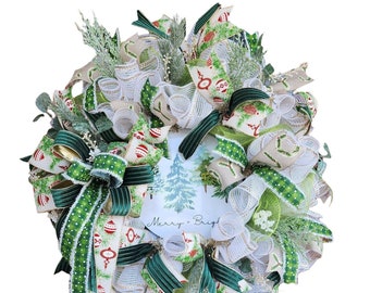 Christmas Tree Deco mesh wreath for your porch, snowy pine and berries with bow for holiday