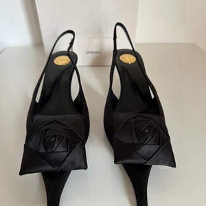 Saint Laurent Dakota 50 Crepe Satin Leather Slingback Pumps Black Side 38(US8)!