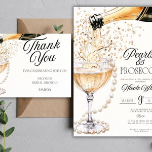 Plantilla de invitación y agradecimiento para despedida de soltera con perlas y prosecco, invitación para despedida de soltera con perlas, despedida de soltera con perlas y prosecco