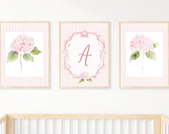 Pink Hydrangea Minimalist Nursery Wall Art, Set of 3 Girl Pink Nursery Wall Art, Baby Name Art Prints, Editable Downloadable Art