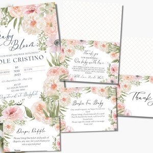 Editable Pink Blush Floral Baby in Bloom Invitation, Baby Shower Bundle, Baby Shower Invitation, Livres pour carte de bébé, Tirage au sort de couches