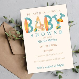 Beach Themed Baby Shower Invitation. Surfer Theme Baby Shower Invitation. Editable Baby Shower Invitation