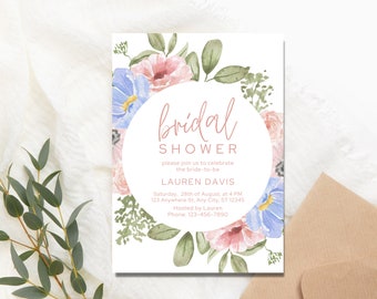 Floral Bridal Shower Invitation Pink & Blue Flower