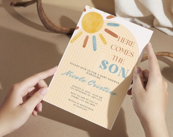 Here Comes the Sun Baby Shower Invite, Boy Baby Shower, Sun Sprinkle, Here Comes the Son, Boho Baby Invites, Budget Shower Invitations