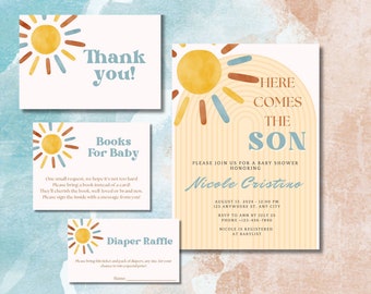 Here Comes the Sun Baby Shower Invite Bundle, Boy Baby Shower, Here Comes the Son, Boho Baby Invites, Budget Shower Invitations