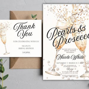 Plantilla de invitación y agradecimiento para despedida de soltera con perlas y prosecco, invitación para despedida de soltera con perlas, despedida de soltera con perlas y prosecco