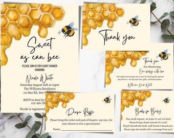 May include: A set of baby shower invitations with a honey comb and bee theme. The invitations are yellow and white with black text. The text on the invitations reads "Sweet as can bee", "Please join us for a baby shower honouring Nicole White", "Saturday August 14th at 12pm", "The Williams Residence", "123 Bee Rd, Bee N", "RSVP to Ann by J", "123-456-789", "Nicole is registered", "Diaper Raffle", "Please bring this ticket and pack of nappies, any size, for your chance to win a special prize!", "Name:", "Thank you", "For Showering", "Our baby with love", "Our appreciation goes out to you for sharing this special day with us - for all your love, gifts, and kind wishes.", "With love, Nicole White", "Books for Baby", "One small request, we hope it's not too hard", "Please bring a book instead of a card!", "They'll cherish the book, well-loved or brand new.", "Please sign the inside with a message from you!"