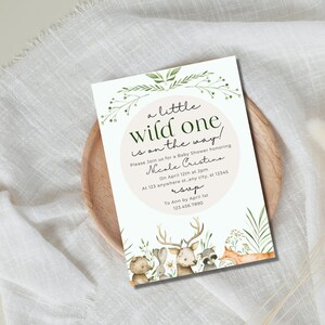 Wild One Woodland Themenorientierte Babyparty-Einladung. Wald Thema. Babyparty. Bearbeitbare Sofort-Download-Vorlage.