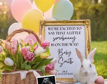 May include: A baby announcement scene with a white rabbit, balloons, and a sign that reads "We're excited to say that a little somebunny is on the way!" A basket of tulips and an ultrasound photo are also present. The announcement is for August 2025.