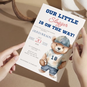 Baseball Baby Shower Invitation, Sports Baby Shower Invitation, Our Little Slugger Baby Shower, Baseball Baby Shower Theme, Teddy Bear Baby