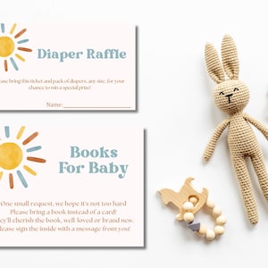 Hier komt de zon babyshower loterijkaartjes, luierloterijkaartjes, boeken voor babykaartjes, jongensbabyshower, hier komt de zoon