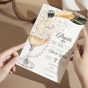 Plantilla de invitación para despedida de soltera con perlas y prosecco, invitación imprimible minimalista para despedida de soltera con perlas, despedida de soltera con perlas y prosecco