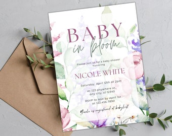 Baby in Bloom Baby Shower Invitation. Editable Spring Baby Shower Invitation