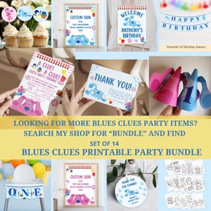 May include: A set of 14 printable party items featuring Blue's Clues characters. The set includes a welcome sign, a thank you card, a birthday banner, a custom sign, a birthday invitation, and a coloring page. The items are all in blue, pink, and yellow colors.