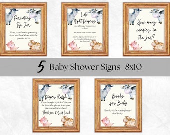 Paquete de 5 carteles de baby shower de granja. Paquete de letreros de baby shower imprimibles. Fiesta de bienvenida al bebé del corral. Cartel de baby shower con animales de granja
