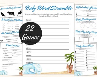 Könnte beinhalten: Ein Set mit 22 druckbaren Babyparty-Spielen mit Strandthema. Die Spiele beinhalten "Nenne das Babytier", "Würde sie lieber", "Er sagte, sie sagte", "Vorhersagen", "Baby-Wortsalat", "Alphabet-Spiel", "Baby-Scattergories", "Baby-Geschenkregister-Bingo" und "Baby-Namensrennen".