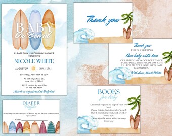 May include: A set of printable baby shower invitations with a beach theme. The invitations feature surfboards with the text "Baby on Board" and a watercolor background. The invitations include details for the shower, including the date, time, and location. There is also a thank you card with the text "Thank you for showering our baby with love." and a diaper raffle card with the text "Diaper Raffle".