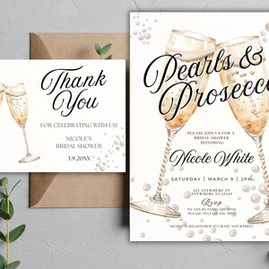 Plantilla de invitación para despedida de soltera con perlas y prosecco, invitación imprimible minimalista para despedida de soltera con perlas, despedida de soltera con perlas y prosecco