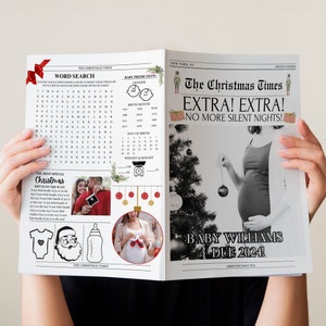 May include: A mock newspaper announcement with a red and green Christmas theme. The headline reads "The Christmas Times Extra! Extra! No More Silent Nights!" and features a black and white photo of a pregnant woman holding a Christmas bauble. The announcement is for "Baby Williams Due 2024!" and includes a word search puzzle, baby predictions, and a photo of a couple holding a sonogram.