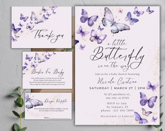 May include: A purple and white baby shower invitation with a butterfly theme. The invitation features a watercolor illustration of butterflies and the text "a little butterfly is on the way". The invitation also includes the name "Nicole Custine" and the date and time of the shower.