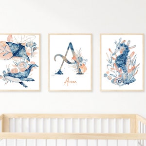 Ocean Themed Nursery Wall Art, Set of 3 Sea Nursery Wall Art, Baby Name Art Prints, Editable Downloadable Art, Under the Sea, Kids Wall Art