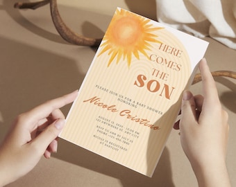 Here Comes the Sun Baby Shower Invite, Boy Baby Shower, Sun Sprinkle, Here Comes the Son, Boho Baby Invites, Budget Shower Invitations