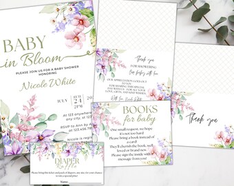 Könnte beinhalten: Eine Sammlung von Babyparty-Papeterie mit floralen Aquarelldesigns. Die Einladung lautet "Baby in Bloom" und enthält Details zur Veranstaltung. Weitere Karten sind "Danke" und "Bücher für Babys".