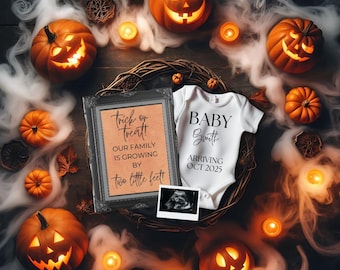 May include: Halloween themed pregnancy announcement with a framed sign that reads "Trick or Treat! Our family is growing by two little feet!" and a white onesie that reads "Baby Smith Arriving Oct 2025". The sign and onesie are surrounded by lit jack-o'-lanterns and candles.