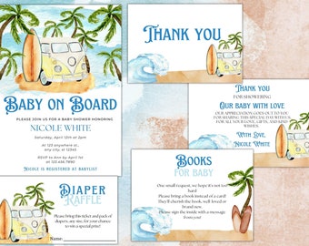 May include: Baby shower invitation with a blue and white watercolor design featuring a yellow vintage van with a surfboard on the beach. The text "Baby on Board" is in blue and white. The invitation includes the name "Nicole White" and details for the shower.