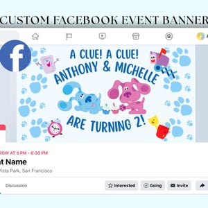Könnte beinhalten: Benutzerdefiniertes Facebook-Event-Banner mit dem Text "A CLUE! A CLUE! ANTHONY & MICHELLE ARE TURNING 2!" und Cartoon-Figuren. Das Facebook-Logo befindet sich oben links. Das Veranstaltungsdatum wird angezeigt.