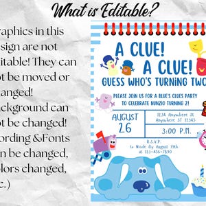 May include: A blue's clues birthday party invitation with a blue dog character, a red mailbox, a yellow bucket, and a clock. The invitation says "A Clue! A Clue! Guess Who's Turning Two!" and includes the date, time, and address for the party.