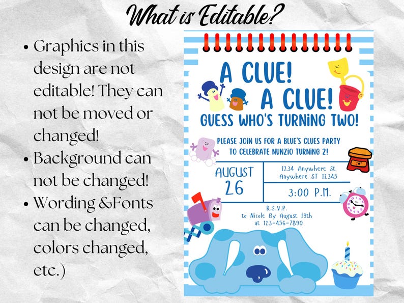 May include: A blue's clues birthday party invitation with a blue dog character, a red mailbox, a yellow bucket, and a clock. The invitation says "A Clue! A Clue! Guess Who's Turning Two!" and includes the date, time, and address for the party.