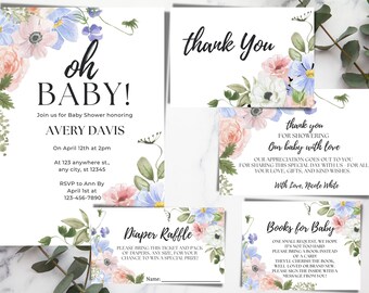 Könnte beinhalten: Ein Satz von vier druckbaren Babyparty-Karten mit Blumenmotiven. Die Karten beinhalten eine Einladung, eine Dankeskarte, eine Windel-Tombola-Karte und eine Buchwunschkarte. Die Einladung lautet "oh BABY!" und enthält den Namen Avery Davis. Die Dankeskarte lautet "Vielen Dank, dass Sie unser Baby mit Liebe beschenkt haben". Die Windel-Tombola-Karte lautet "Windel-Tombola" und hat einen leeren Platz für einen Namen. Die Buchwunschkarte lautet "Bücher für Baby" und enthält den Text "Eine kleine Bitte, wir hoffen, es ist nicht zu schwer. Bitte bringen Sie ein Buch anstelle einer Karte mit. Sie werden das Buch schätzen, geliebt oder brandneu. Bitte unterschreiben Sie die Innenseite mit einer Nachricht von Ihnen."