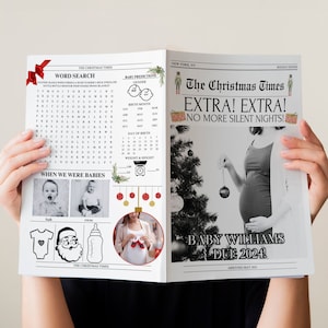 May include: A newspaper-style announcement titled "The Christmas Times" with the headline "Extra! Extra! No More Silent Nights!" and "Baby Williams Due 2024!" The announcement includes a word search, baby predictions, and photos.