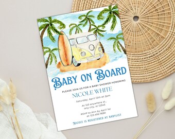 May include: A baby shower invitation with a watercolor illustration of a yellow van and surfboard on a beach with palm trees. The text reads "Baby on Board" and "Please join us for a baby shower honoring Nicole White".