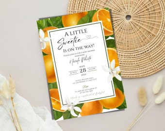 May include: A white baby shower invitation with a green and orange citrus theme. The invitation reads "A Little Sweetie Is On The Way!" and includes the date, time, and location of the event.