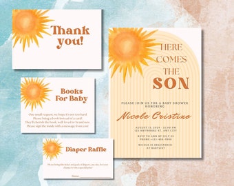 Here Comes the Sun Baby Shower Invite Bundle, Boy Baby Shower, Here Comes the Son, Boho Baby Invites, Budget Shower Invitations