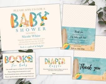 May include: A set of baby shower invitations with a beach theme. The invitations are decorated with surfboards, beach balls, and sandcastles. The text on the invitations reads "Please join us for a baby shower honoring Nicole White".