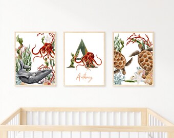 Ocean Themed Nursery Wall Art, Set of 3 Sea Nursery Wall Art, Baby Name Art Prints, Editable Downloadable Art, Under the Sea, Kids Wall Art