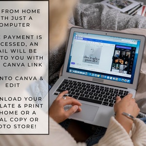 May include: A person is using a laptop computer to edit a design template. The screen shows a Canva design with the text "Once you're in a groove, you'll know it". The text on the screen reads "Edit from home with just a computer. Once payment is processed, an email will be sent to you with your Canva link. Log into Canva & edit. Download your template & print at home or a local copy or photo store!"